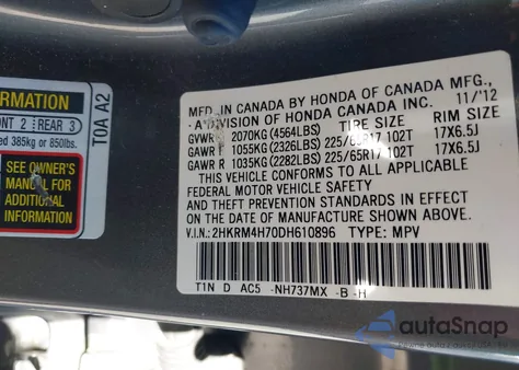 2013 Honda Cr-V Ex-L z USA, uszkodzony, nr VIN 2HKRM4H70DH610896